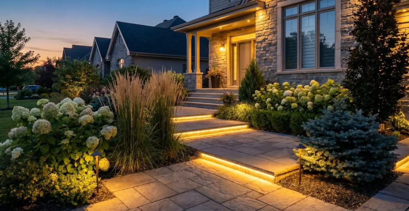 Jardin résidentiel à Québec au crépuscule avec éclairage paysager LED intégré le long des allées et sous les arbustes