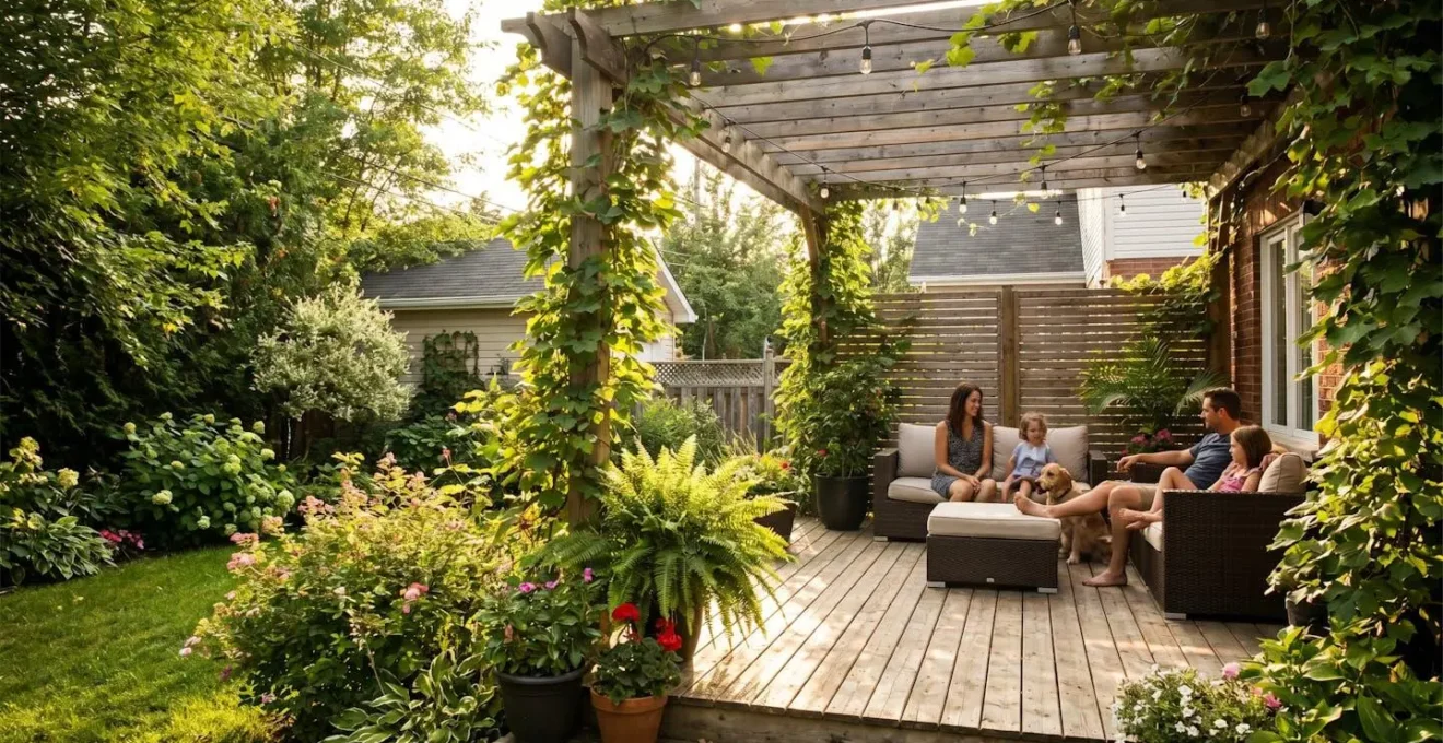 Jardin aménagé avec terrasse en bois, pergola et plantations luxuriantes dans une résidence unifamiliale à Québec
