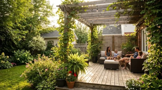 Jardin aménagé avec terrasse en bois, pergola et plantations luxuriantes dans une résidence unifamiliale à Québec