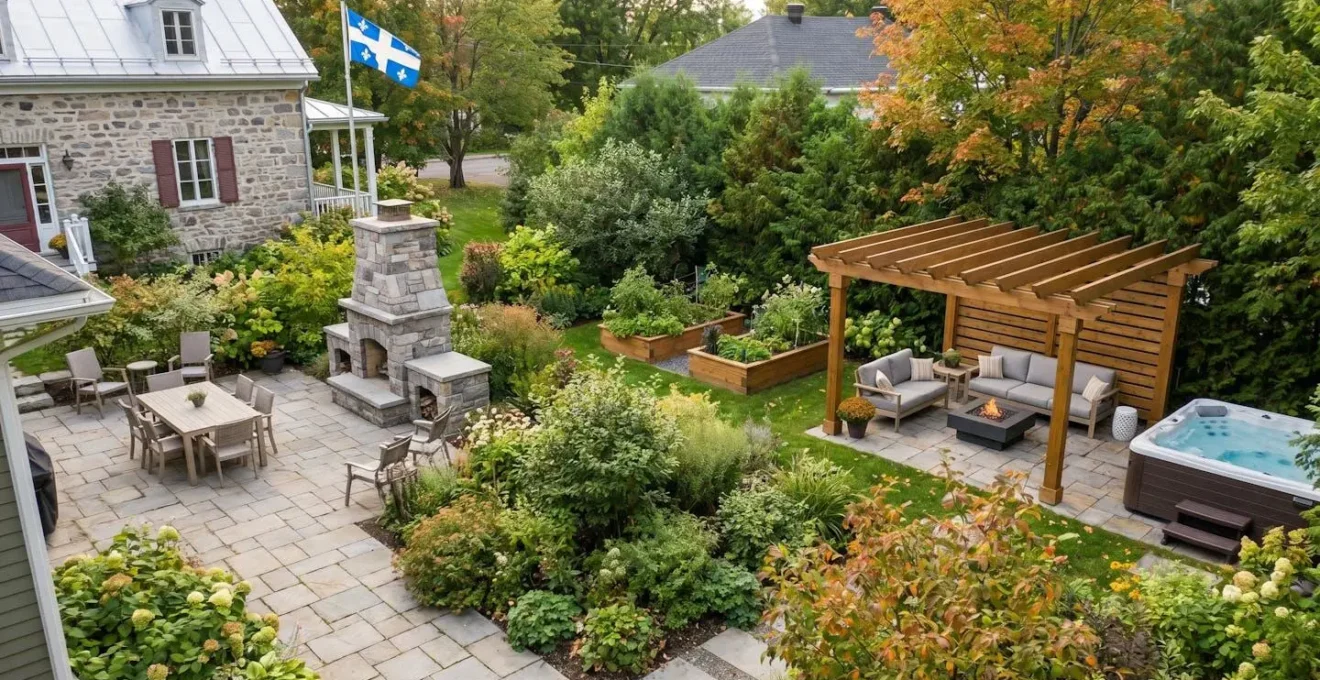 Vue aérienne d'un jardin résidentiel québécois divisé en trois zones : patio pavé, espace végétal et coin lounge avec pergola